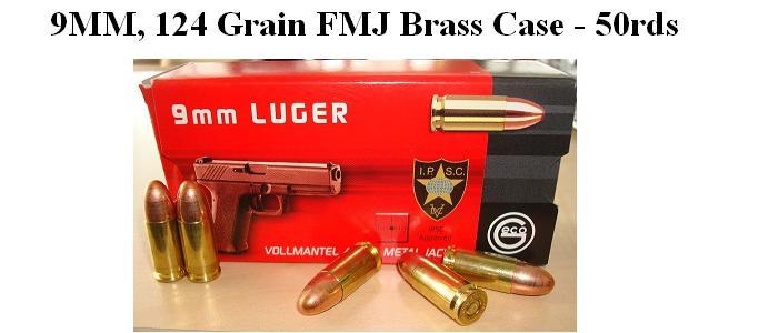 9mm 124 Grain FMJ Brass Cased GECO Ammo (50rds)