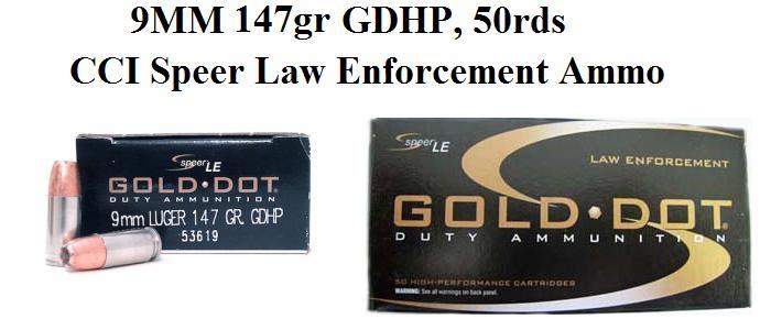 9MM. 147 Grain, GDHP, CCI Speer Law Enforcement, 50 Round Box